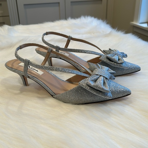 NWB Nina Bow-Topped Silver Sparkle Slip on Strap Heels - Picture 2 of 14